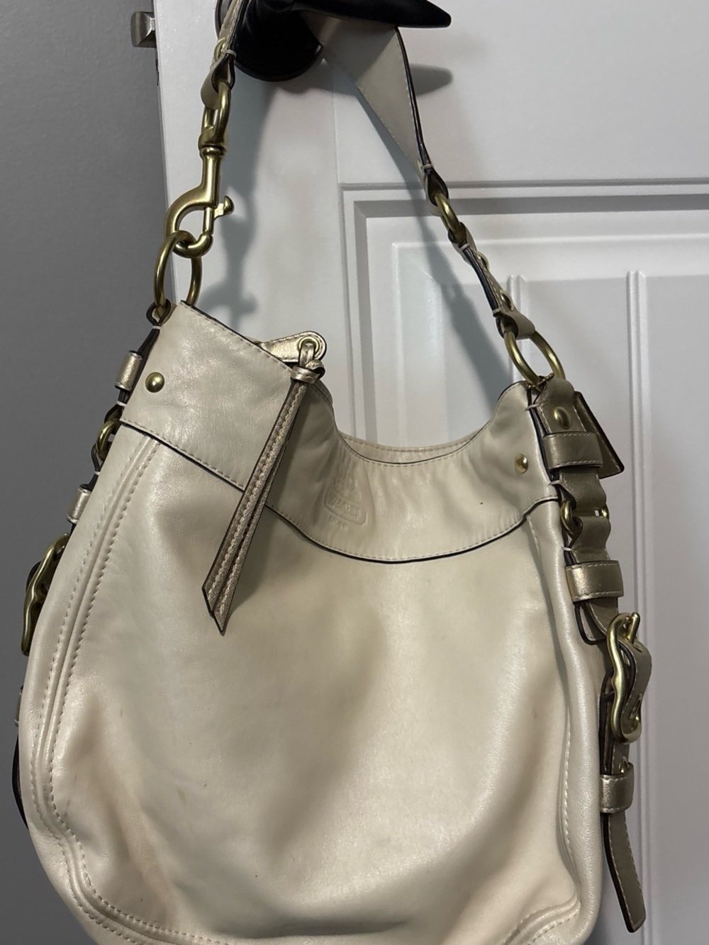 White & Metallic Gold Coach 2009 Large Zoe Hobo Bag